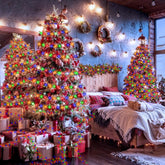 Decorated Christmas trees with lights and presents in a room.